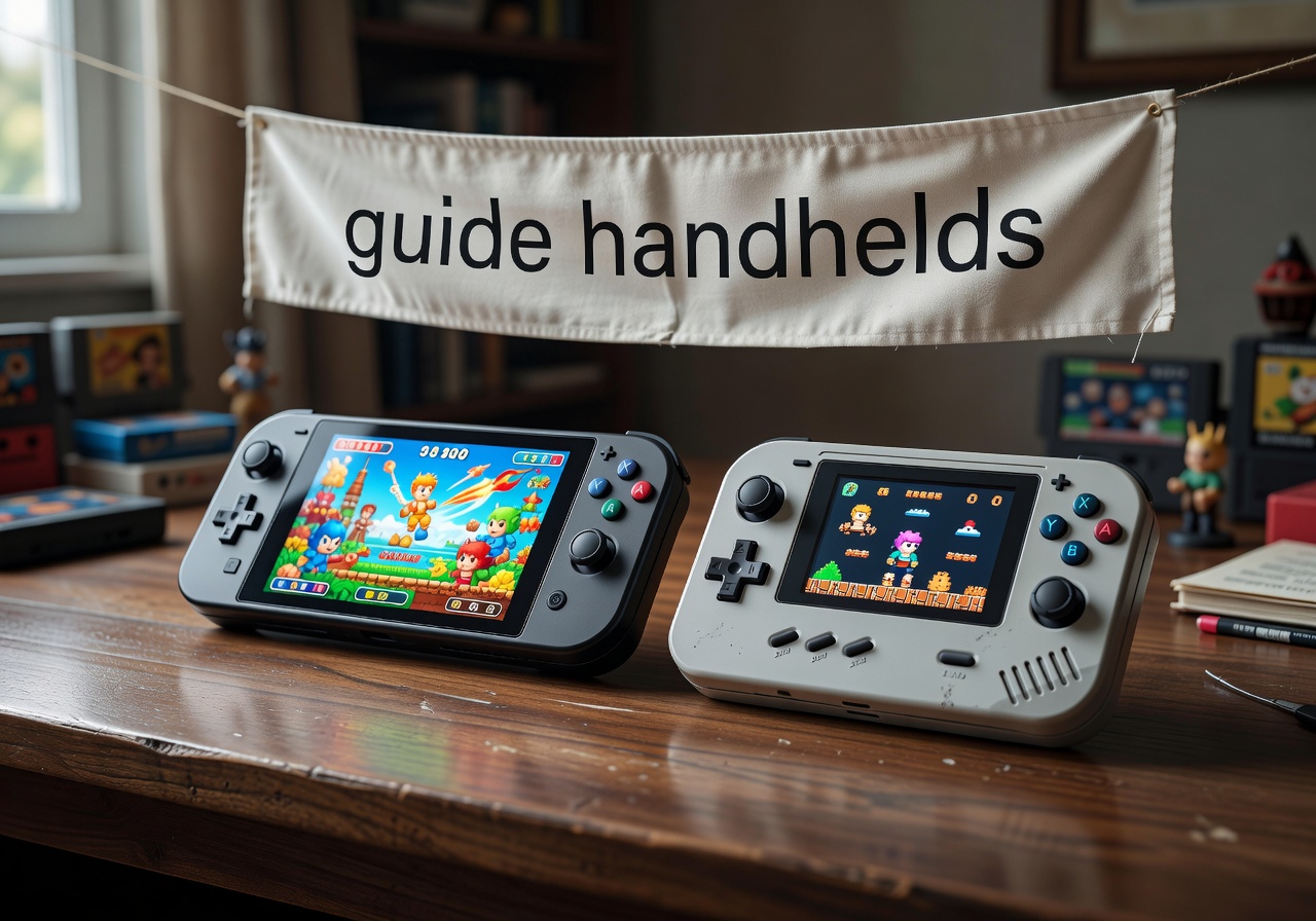 Two handheld gaming consoles side by side on a desk