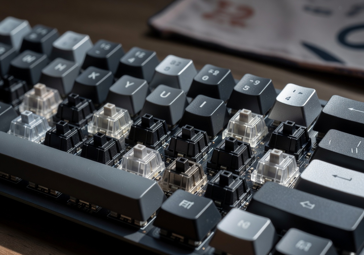 Close up of mechanical keyboard switches and keycaps